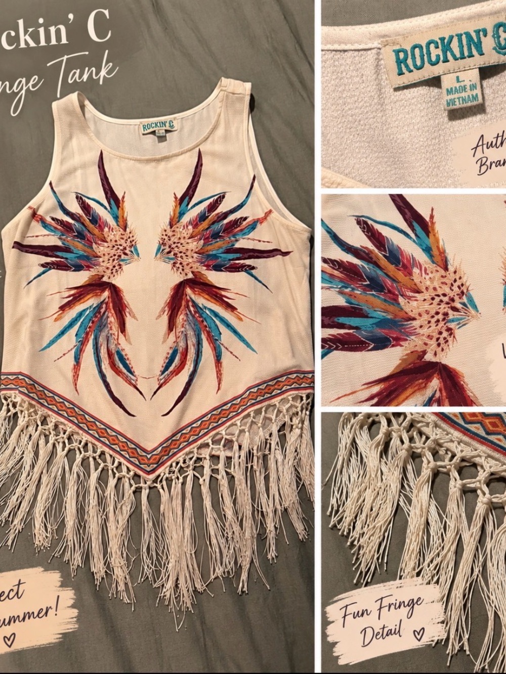 Rockin' C Cream Fringe Tank with Colorful Feather Wing Print